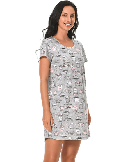 PinkBeautiM Cotton Nightgowns for Women Soft Nightshirts Printed Round Neck Sleep Dress 3 Pack