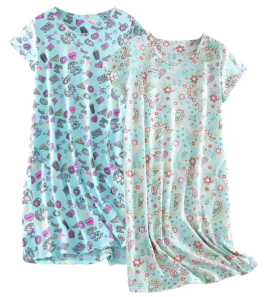 FEREMO Sleepwear for Women 2 Pack Cotton Printed Sleepshirt Loungewear Night Dress
