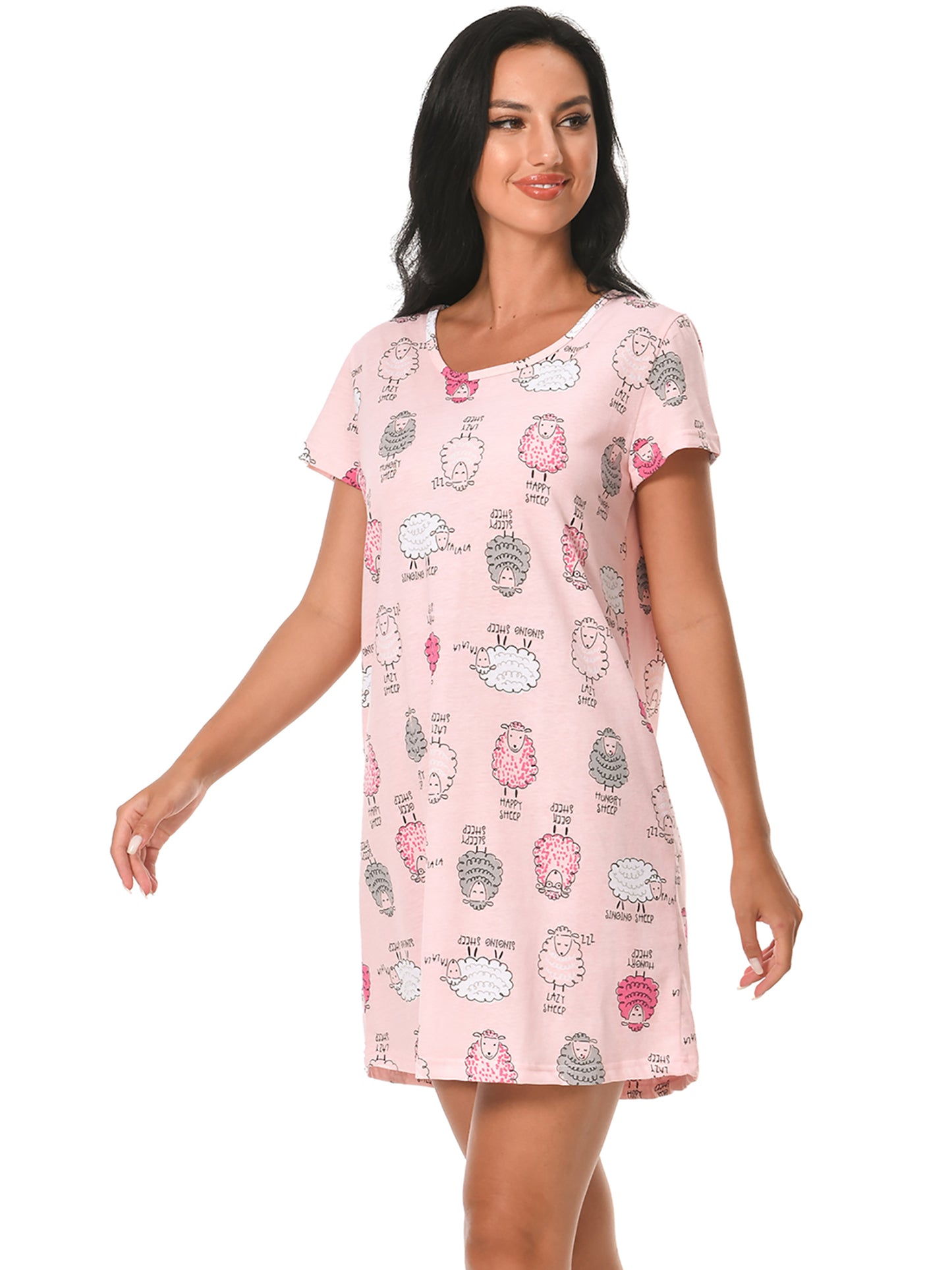 PinkBeautiM Cotton Nightgowns for Women Soft Nightshirts Printed Round Neck Sleep Dress 3 Pack