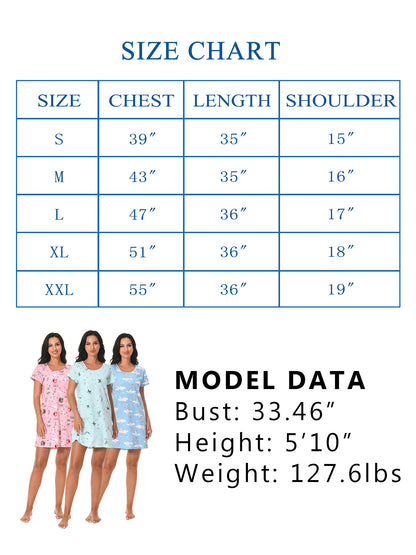 PinkBeautiM Cotton Nightgowns for Women Soft Nightshirts Printed Round Neck Sleep Dress 3 Pack