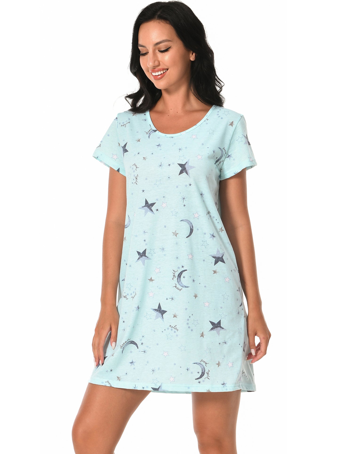 PinkBeautiM Cotton Nightgowns for Women Soft Nightshirts Printed Round Neck Sleep Dress 3 Pack