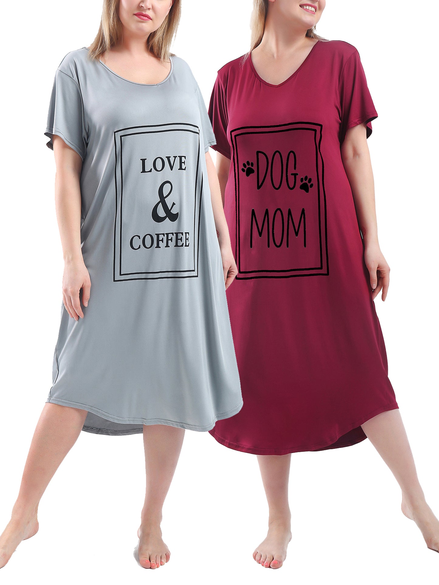 FEREMO Plus Size Nightgowns for Women Short Sleeve Printed Sleepwear Long Comfy Sleep Gown 2 Pack