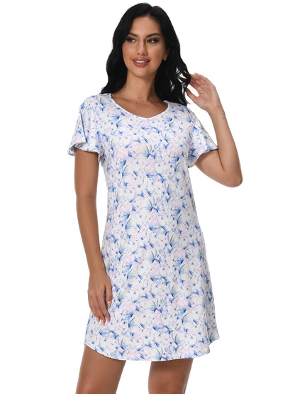 FEREMO Nightgowns for Women V Neck Casual Nightshirt Comfy Sleepshirt Flared Short Sleeve Sleepwear