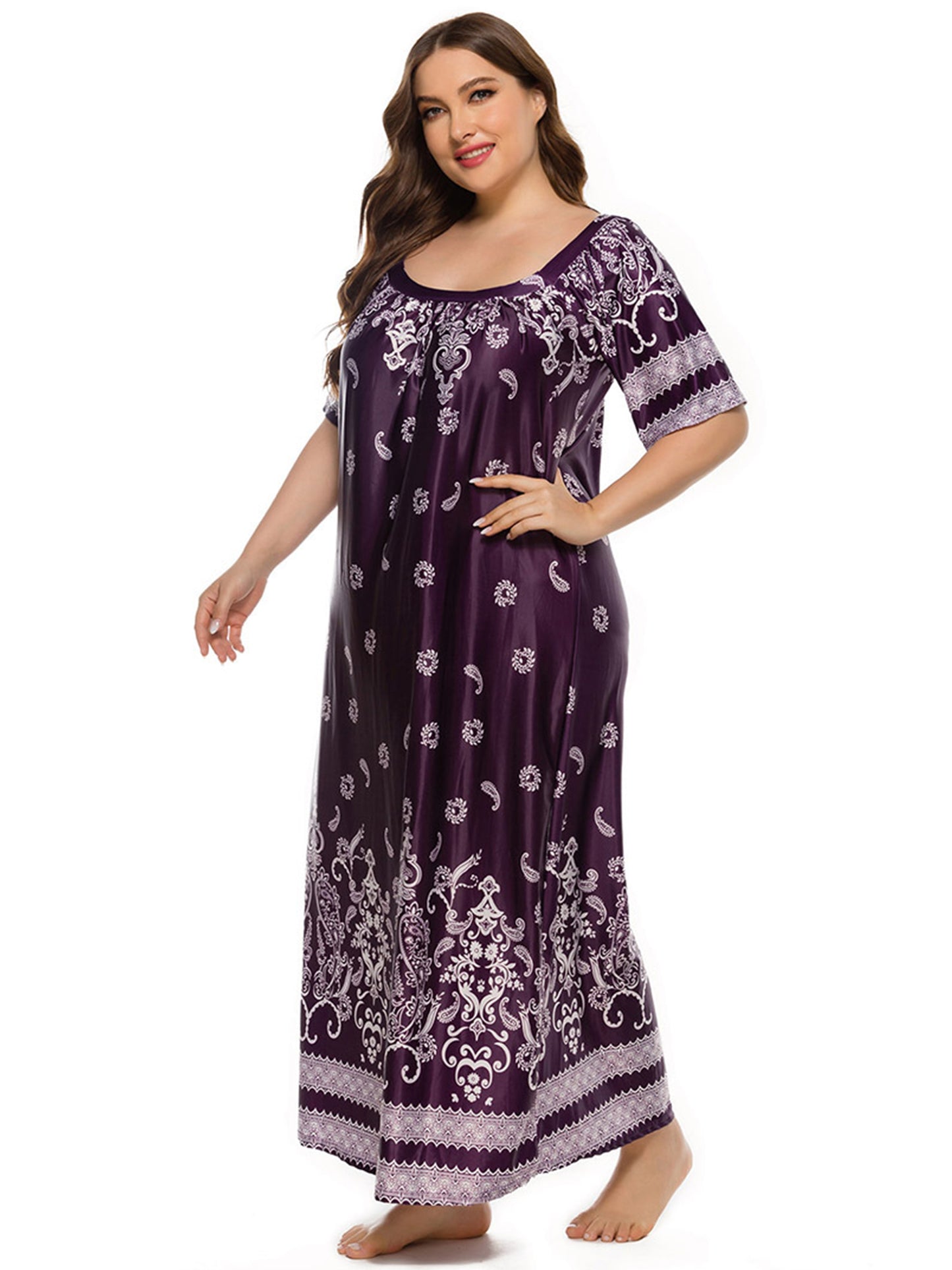 FEREMO Plus Size Women's Nightgown Floral Printed Maxi Short Sleeve Casual House Dress 1X-4X