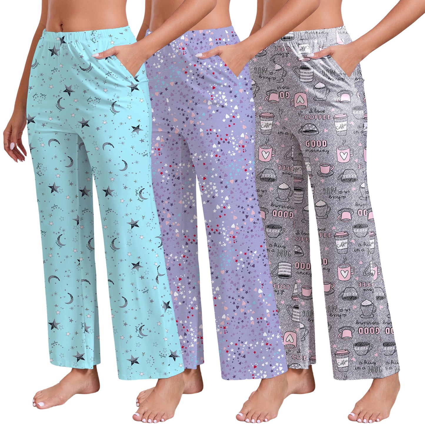 PinkBeautiM Womens Pajama Pants with Pockets, Soft Stretch Lounge Pants 3 Pack, Sizes M-XXXL