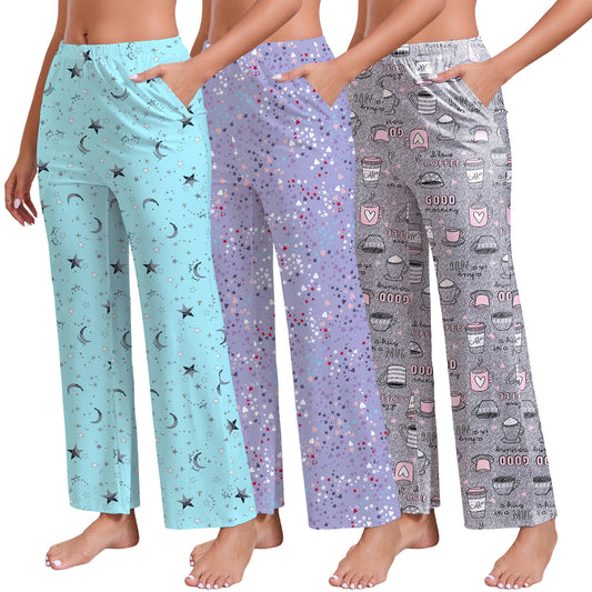 PinkBeautiM Womens Pajama Pants with Pockets, Soft Stretch Lounge Pants 3 Pack, Sizes M-XXXL