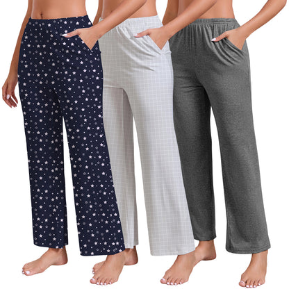 PinkBeautiM Womens Pajama Pants with Pockets, Soft Stretch Lounge Pants 3 Pack, Sizes M-XXXL