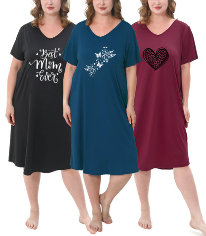 FEREMO 3 Pack Nightgowns for Women Plus Size V Neck Printed Sleepwear Loose Comfy Night Gown