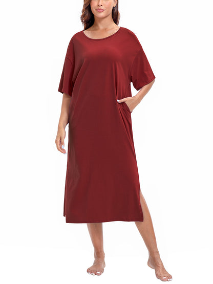 PinkBeautiM Nightgowns for Women Full Length Half Sleeve Lounge Dress Maxi Loungewear Comfy House Dress with Pockets