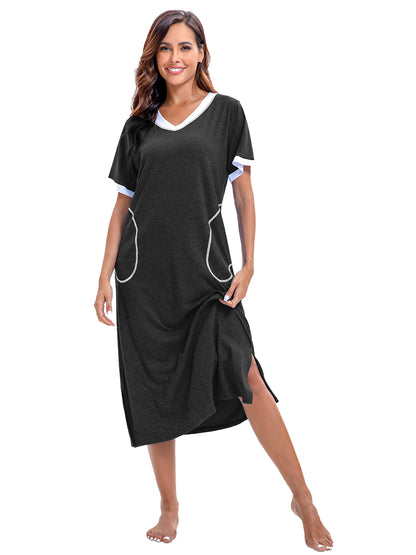 PinkBeautiM Nightgowns for Women Full Length Half Sleeve Lounge Dress Maxi Loungewear Comfy House Dress with Pockets