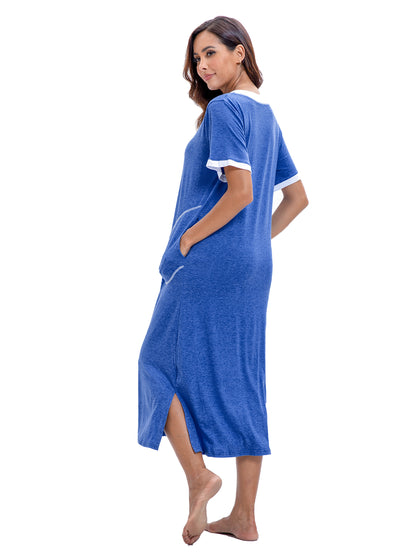 PinkBeautiM Nightgowns for Women Full Length Half Sleeve Lounge Dress Maxi Loungewear Comfy House Dress with Pockets