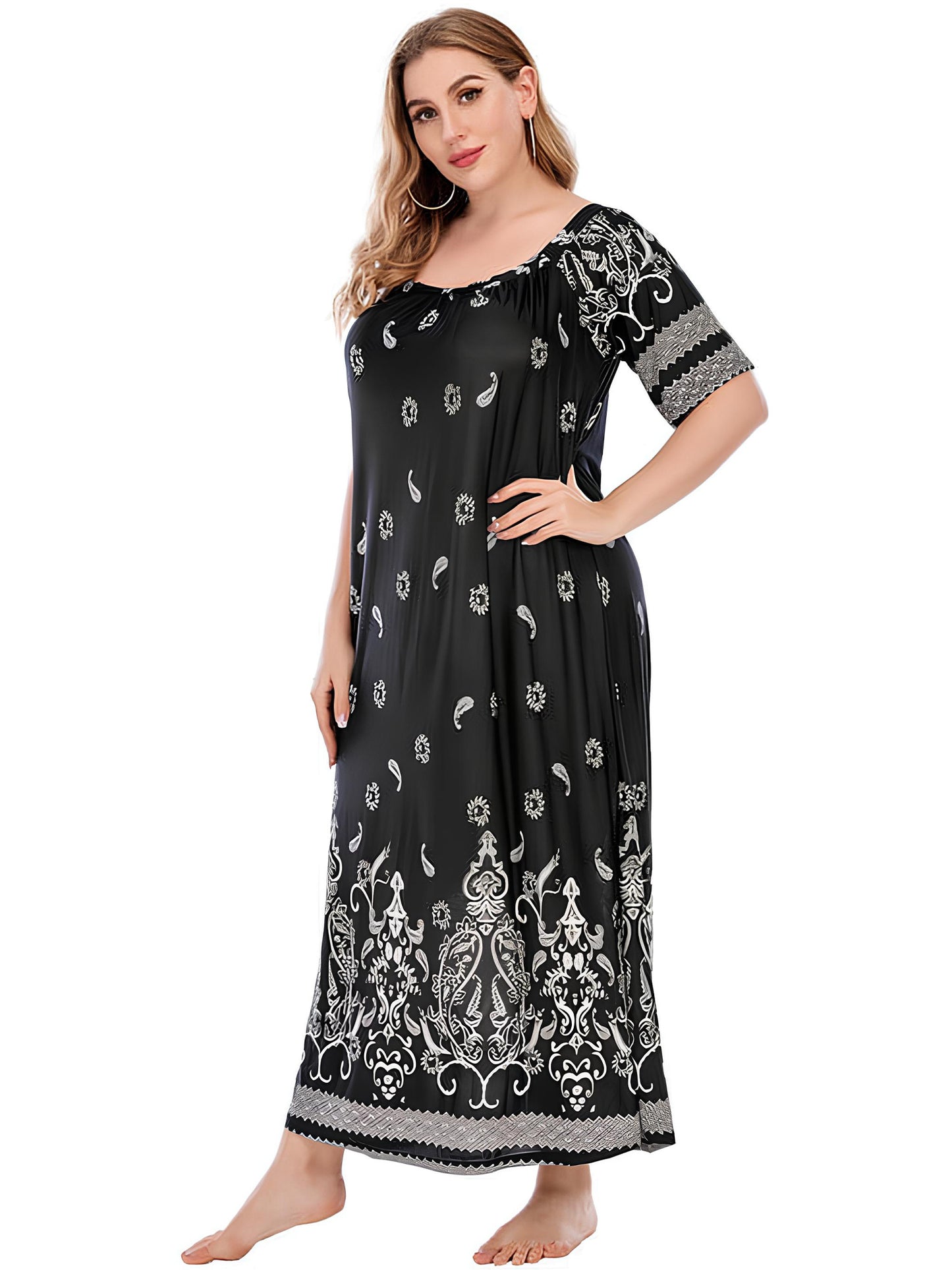 FEREMO Plus Size Women's Nightgown Floral Printed Maxi Short Sleeve Casual House Dress 1X-4X