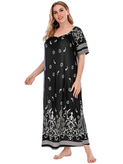 FEREMO Plus Size Women's Nightgown Floral Printed Maxi Short Sleeve Casual House Dress 1X-4X