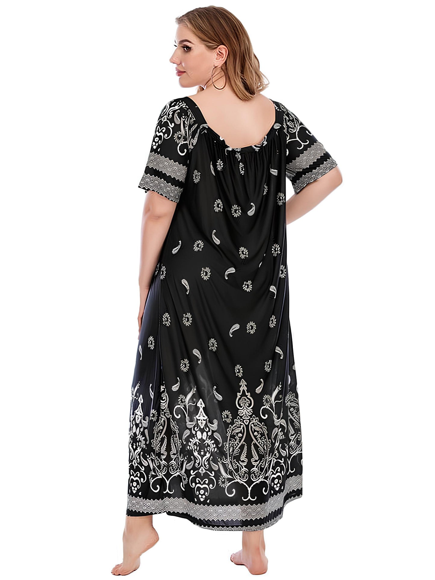 FEREMO Plus Size Women's Nightgown Floral Printed Maxi Short Sleeve Casual House Dress 1X-4X