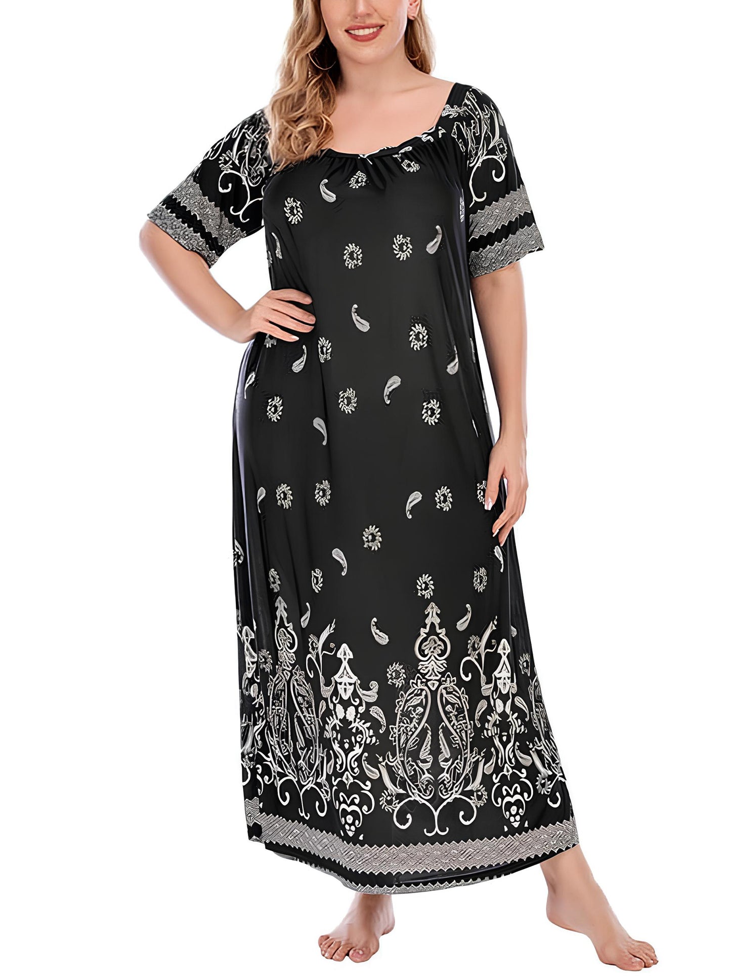 FEREMO Plus Size Women's Nightgown Floral Printed Maxi Short Sleeve Casual House Dress 1X-4X