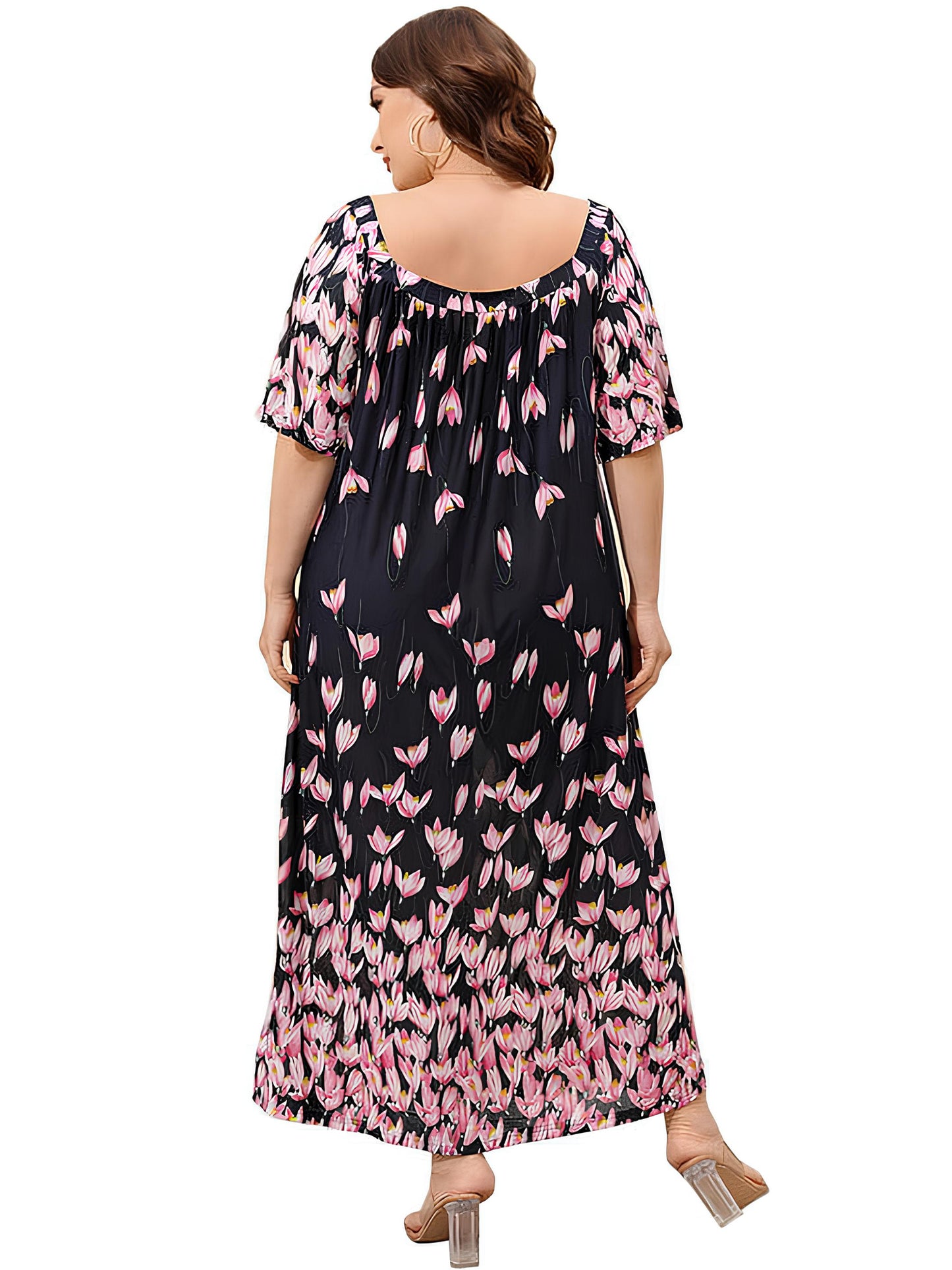 FEREMO Plus Size Women's Nightgown Floral Printed Maxi Short Sleeve Casual House Dress 1X-4X