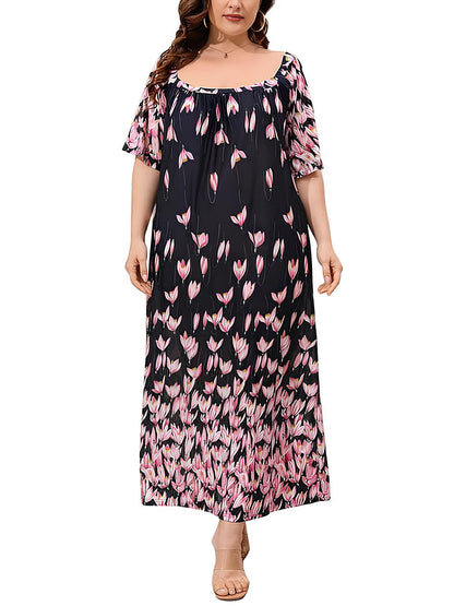 FEREMO Plus Size Women's Nightgown Floral Printed Maxi Short Sleeve Casual House Dress 1X-4X