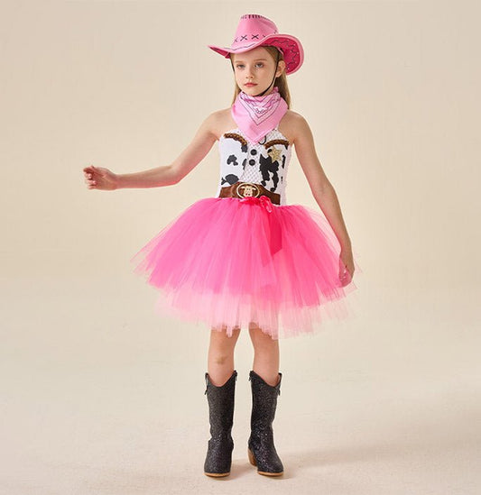 Cowgirls Cow Pattern Tulle Pink Costume Dress