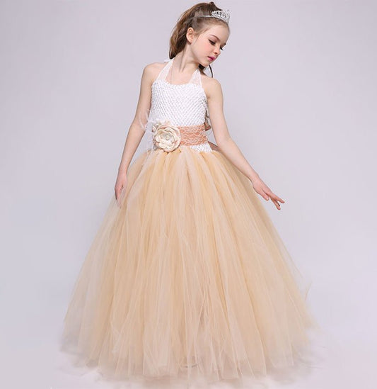 Girls Champagne Color Party Flower Girl Dress