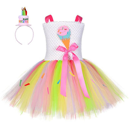 Girls Ice Cream Pattern Colorful Tutu Dress