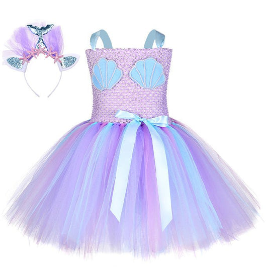 Girls Little Mermaid Bow Shell Tulle Festive Party Costume