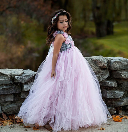 Girls Pink Flower Tulle Costume Dress