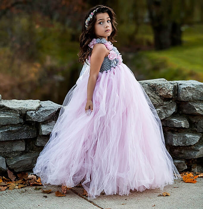 Girls Pink Flower Tulle Costume Dress