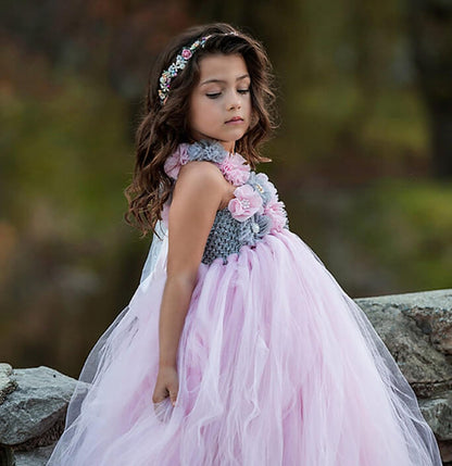 Girls Pink Flower Tulle Costume Dress