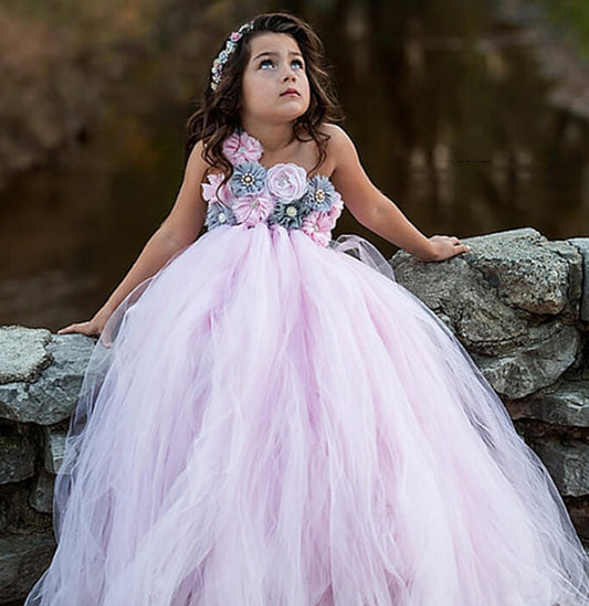 Girls Pink Flower Tulle Costume Dress