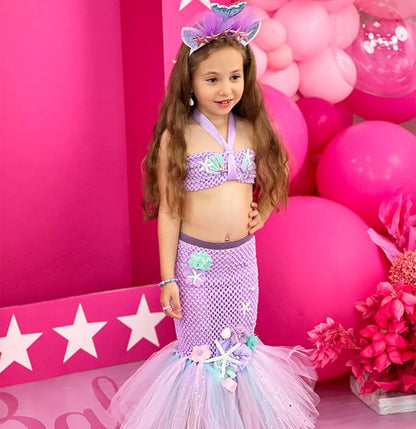 Girls Shell Pearl Little Mermaid Suit Tutu Dress