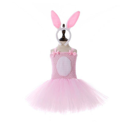 Little White Rabbit Ball Gown Easter Bunny Dresss Sweet Plush Rabbit Ears Tail Pink Dress Set Kids Birthday Party With Headwear