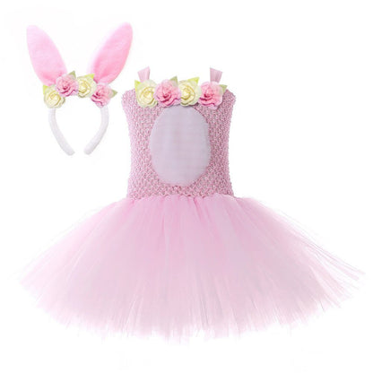 Little White Rabbit Ball Gown Easter Bunny Dresss Sweet Plush Rabbit Ears Tail Pink Dress Set Kids Birthday Party With Headwear