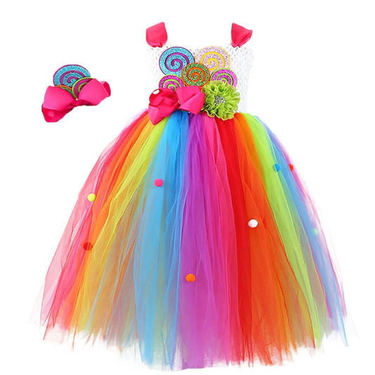 Rainbow Sweet Candy Fairy Girl Purim Birthday Costume Kids Purim Lollipop Flower Bow Tutu Dress Headband For Mardi Gras Carnival