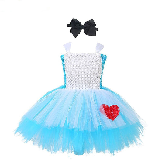 Cute Princess Alice in Wonderland Purim Girl Tutu Dress Blue White Baby Girls Birthday Cosplay Costume Kids Halloween Clothes