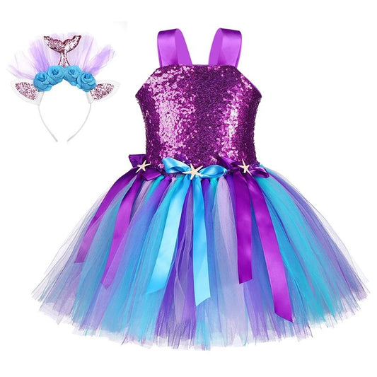 Princess Girl Mermaid Tutu Dress Kids Sparkle Sequin Purple Starfish Birthday Party Dresses Children Halloween Holidays Costume