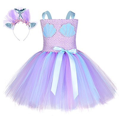 Halloween Princess Mermaid Ariel Costume With Headband Kids Girls Shells Stars Cartoon Birthday Party Tutu Dress For Holidays